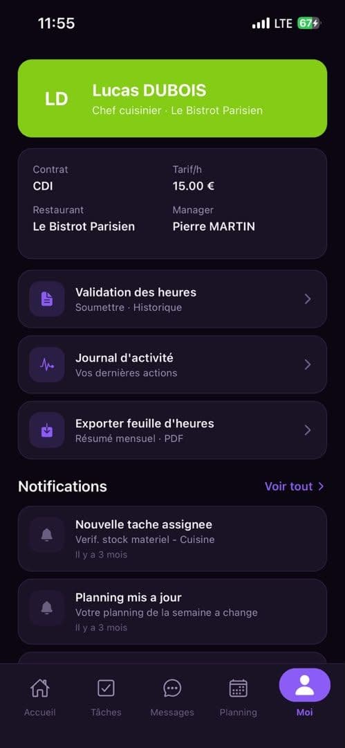 Profil employé dans l’application StaffLink