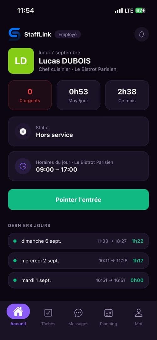 Accueil et pointage dans l’application StaffLink