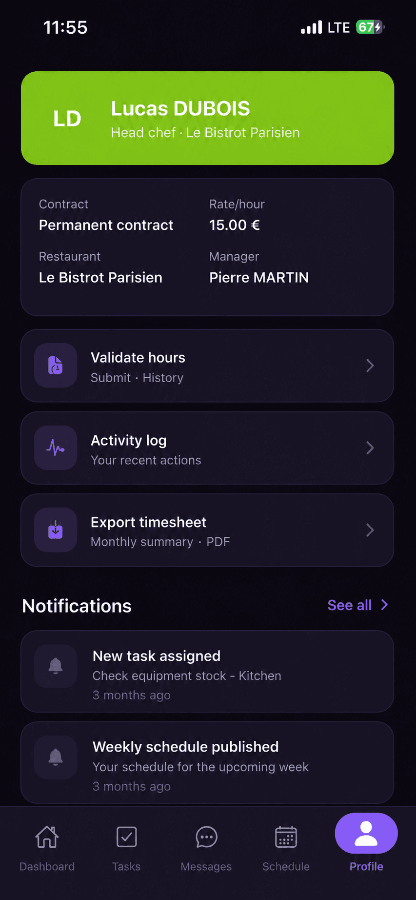 Employee profile in the StaffLink app