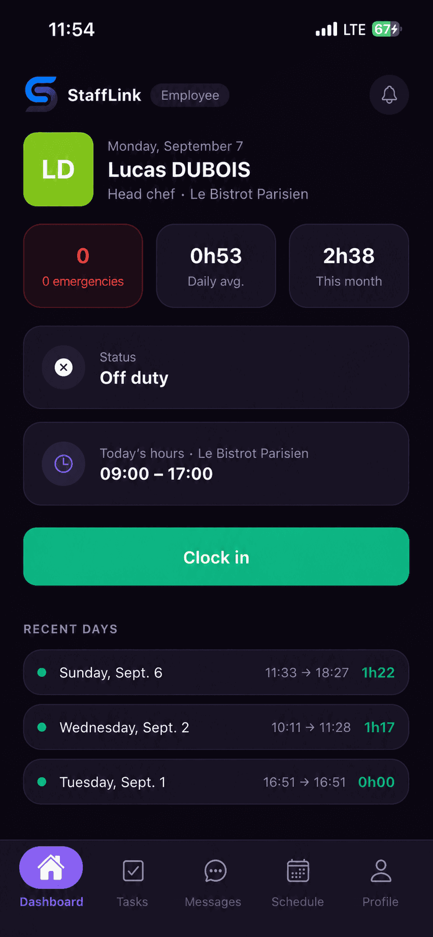 Home and clock-in in the StaffLink app